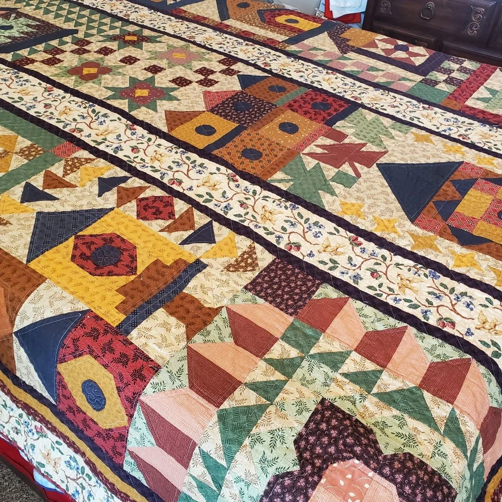 Handmade Safe Haven Cotton Heirloom Quilt Queen Patchwork Birdhouse Multi-Color
